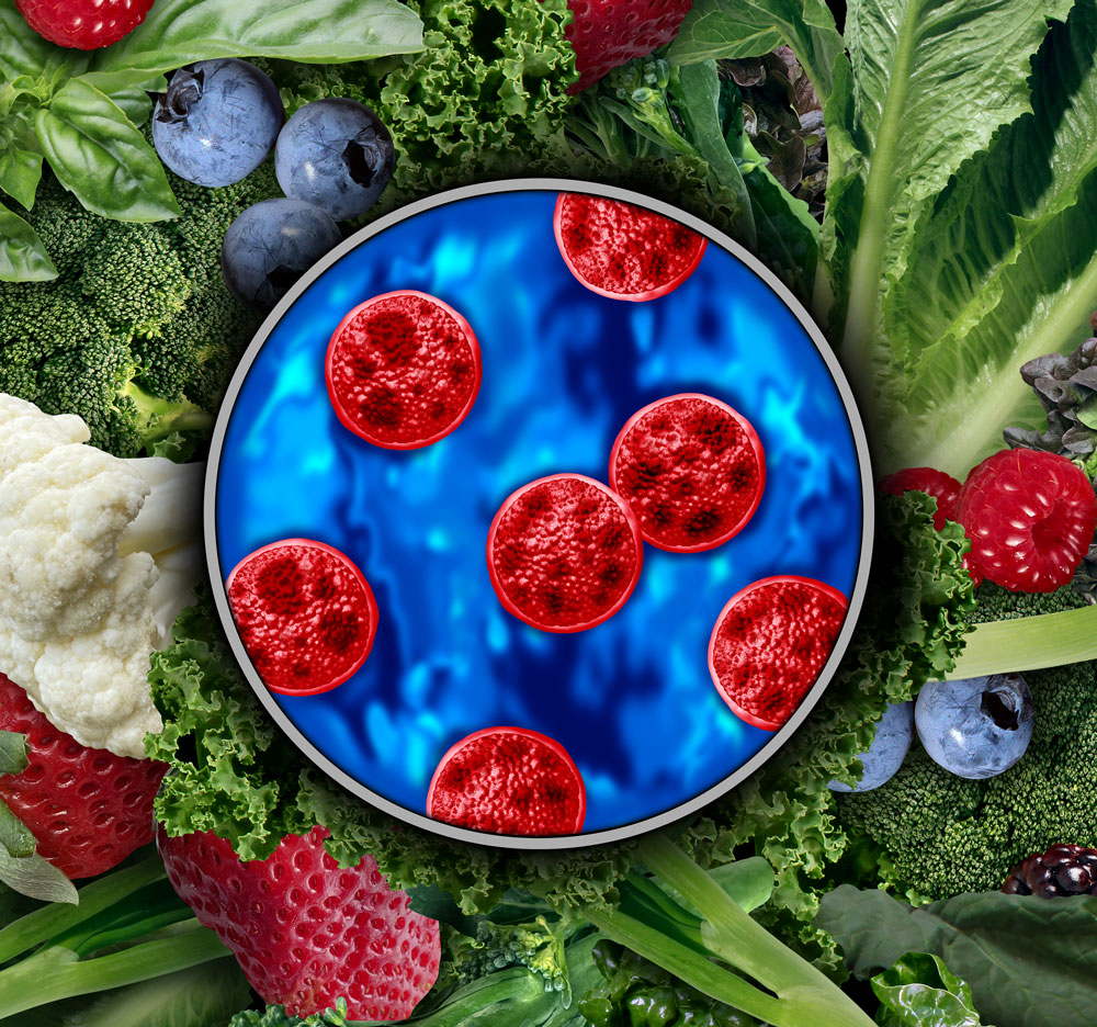 Bacteria magnified over fruits and vegetables