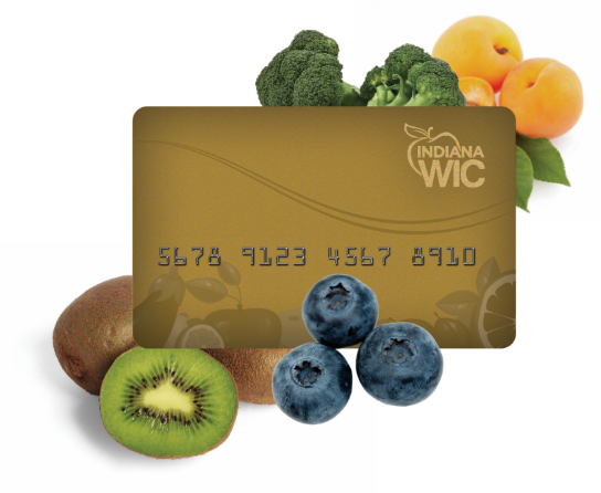 Tarjeta Indiana WIC EBT rodeada de frutas, incluidos kiwi, arándanos y un durazno.