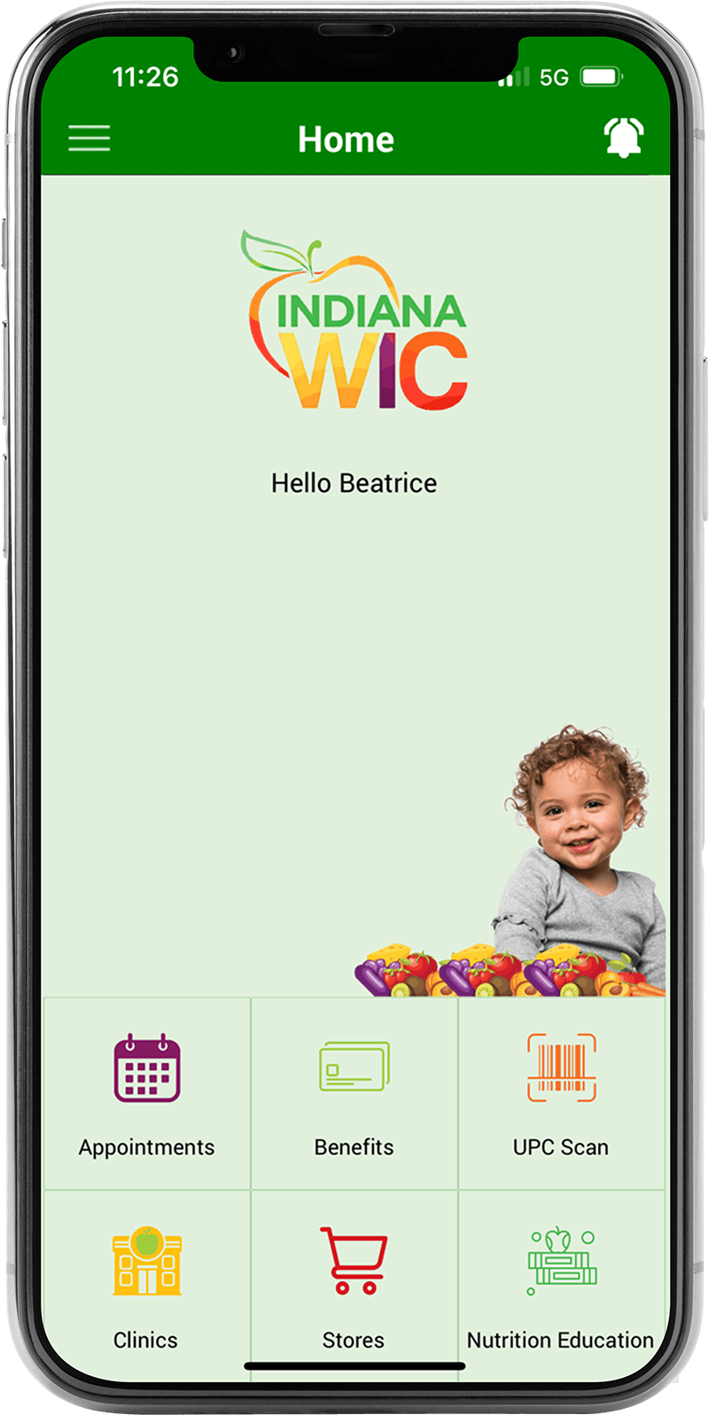 هاتف ذكي يعرض الشاشة الرئيسية لتطبيق Indiana WIC وبه خيارات مثل Appointments (المواعيد)، وClinic (العيادة)، وNutrition Education (التثقيف الغذائي)، وShopping (التسوق).